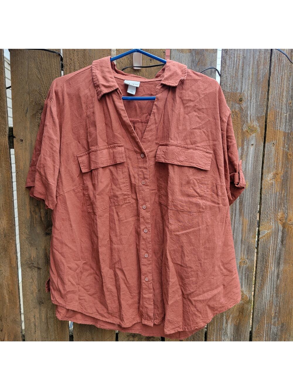 AVA & VIV Women Rust Color Red Orange Linen Top XXL